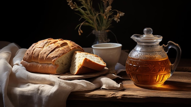 Foto gratuita té y una bolsa que contiene pan colocado en una mesa de madera