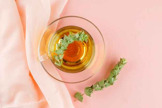 Foto gratuita té de hierbas con hierbas en un vaso de vidrio en rosa y textil, plano.