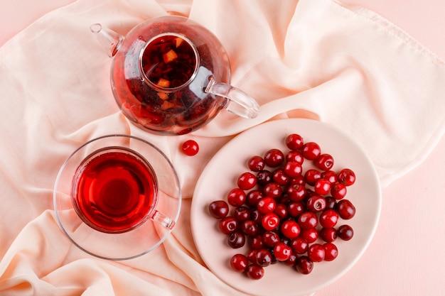 Té en taza de vidrio y tetera con cerezas en rosa y textil