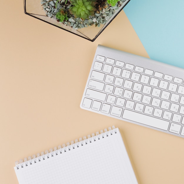 Teclado con libreta y planta sobre mesa