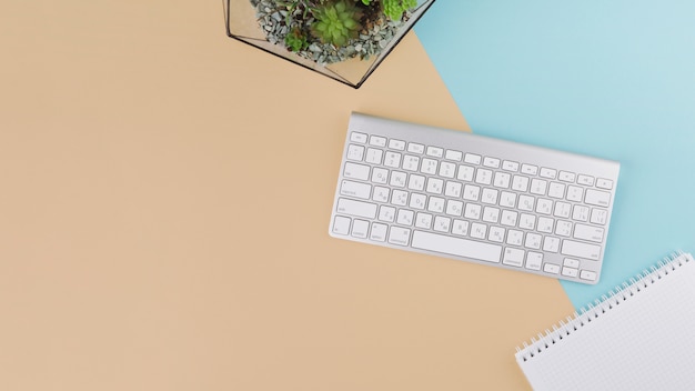 Foto gratuita teclado con libreta y planta.