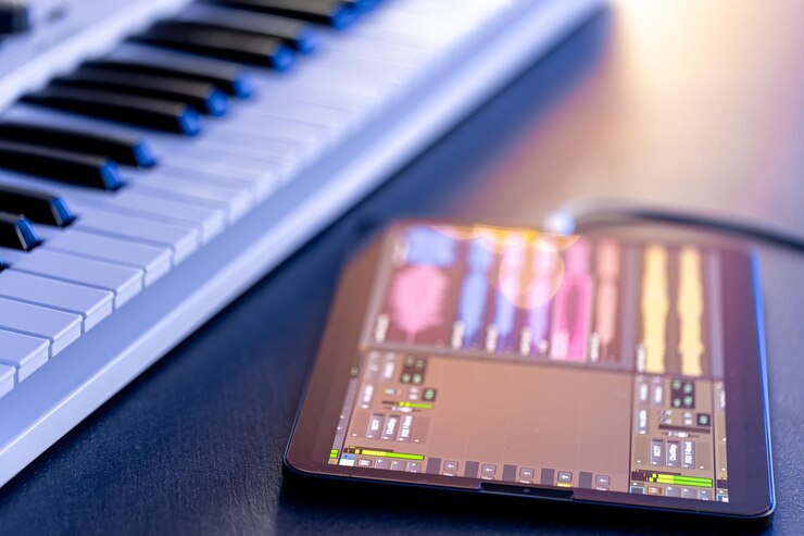 Foto gratuito las teclas musicales y una tableta con un lápiz en la mesa