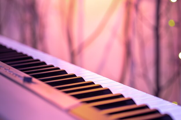 Teclas de piano sobre un hermoso fondo de color. De cerca.