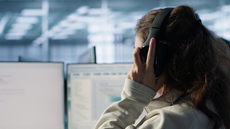 Foto gratuito técnico con auriculares inspeccionando las monturas de los estantes de cerca