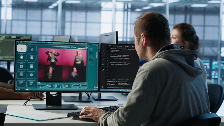 Foto gratuito técnico en el centro de datos que construye un generador de ia de texto a imagen