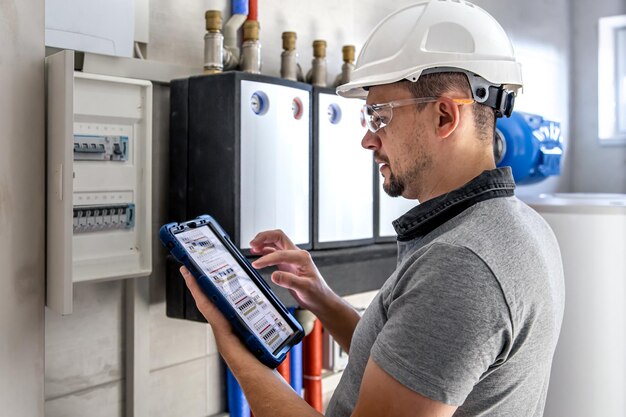 Técnico eléctrico que parece concentrado mientras trabaja en un cuadro de distribución con fusibles