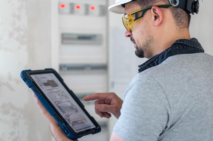 Foto gratuito técnico eléctrico que parece concentrado mientras trabaja en un cuadro de distribución con fusibles