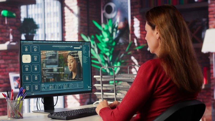 Foto gratuito el técnico emplea un chatbot de ia en el monitor de la computadora y ejecuta código de programación