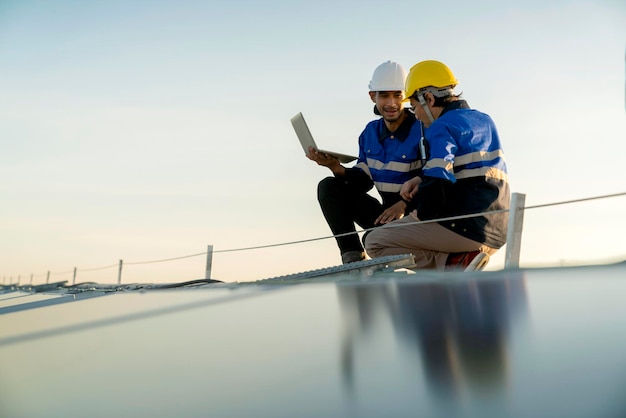 Técnico especialista ingeniero profesional con comprobación de mantenimiento de portátiles y tabletas instalación de panel de techo solar en la azotea de la fábrica bajo la luz del sol Encuesta del equipo de ingenieros comprobar el techo del panel solar