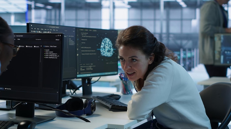 Foto gratuito técnico feliz conversando con su colega mientras hace mantenimiento en sistemas de ia