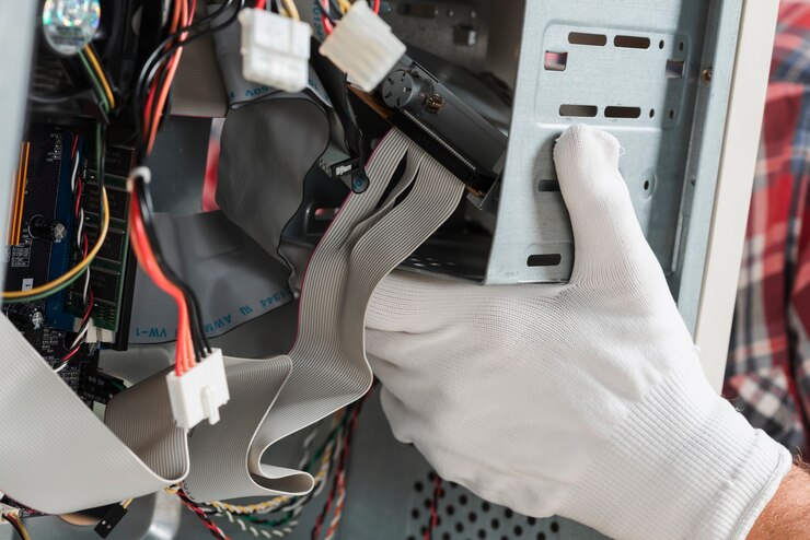 Foto gratuito técnico de la mano con guantes reparando computadora.