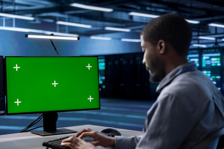 Foto gratuito técnico que utiliza una pc de pantalla verde en el centro del servidor para proteger los datos