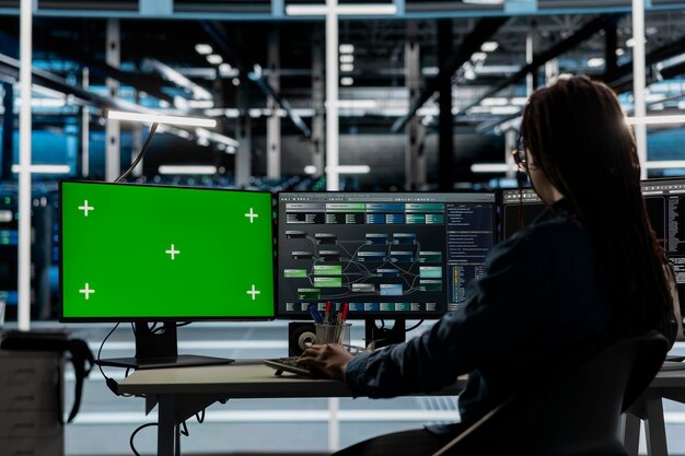 Técnico de la sala de servidores que utiliza tecnología de inteligencia artificial en una PC de pantalla verde