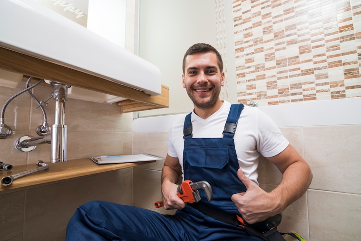 Foto gratuito técnico sanitario gesticular pulgar arriba