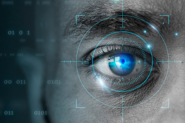Tecnología biométrica de retina con remezcla digital de ojo de hombre