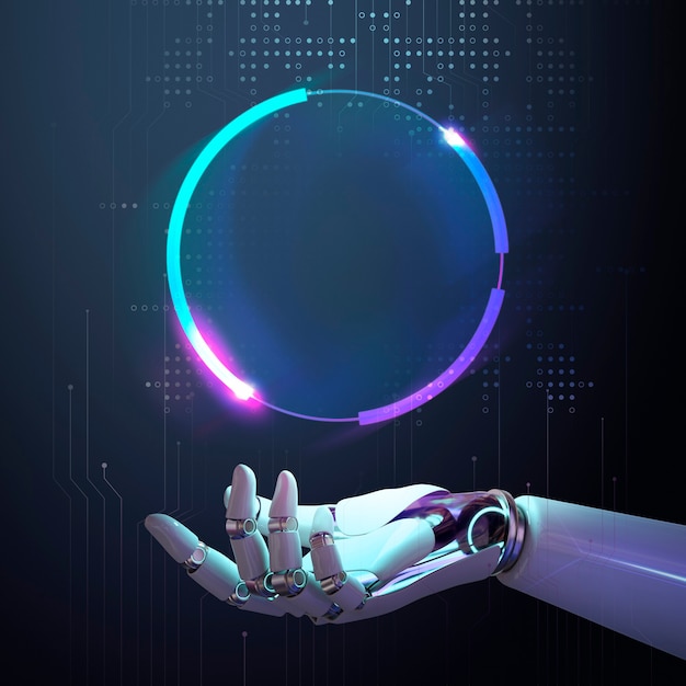 Tecnología de marco de robot AI, diseño de tecnología futurista abstracto con espacio en blanco
