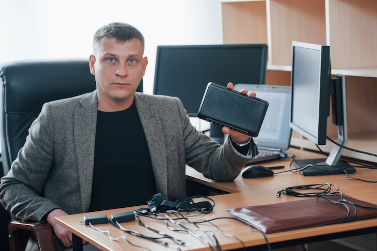 Foto gratuito tecnologías modernas. el examinador de polígrafo trabaja en la oficina con el equipo de su detector de mentiras