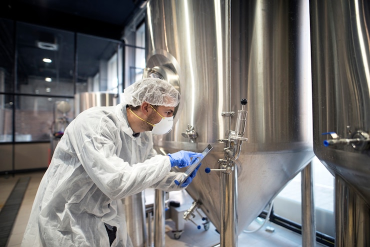 Foto gratuito tecnólogo profesional que comprueba la producción en la fábrica