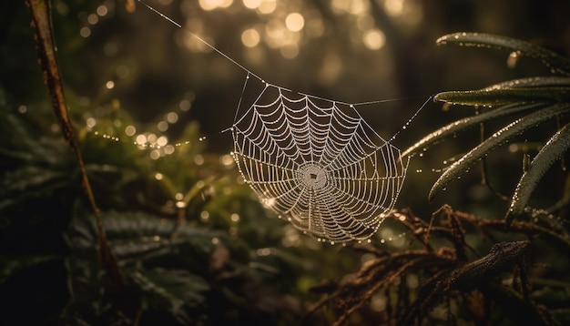 Una telaraña brilla en un bosque otoñal cubierto de rocío generado por IA