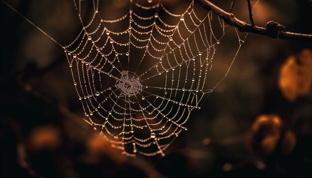 Una telaraña brilla en un bosque otoñal cubierto de rocío generado por IA