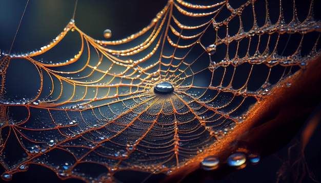 La telaraña brilla con gotas de rocío en la naturaleza generadas por IA