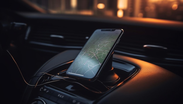 Un teléfono en un auto con un mapa en la pantalla