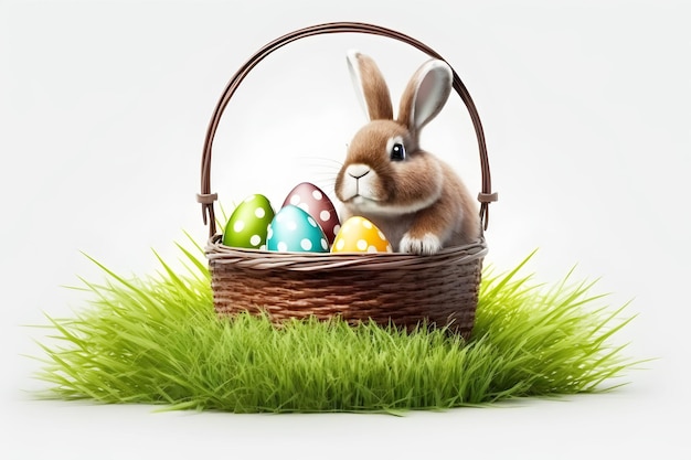 Foto gratuita tema de pascua con un conejito y huevos de colores en una cesta sobre hierba verde sobre un fondo blanco.