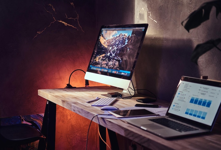 Photo Gratis tempat kerja modern dan nyaman di rumah, ada komputer dan laptop di atas meja.