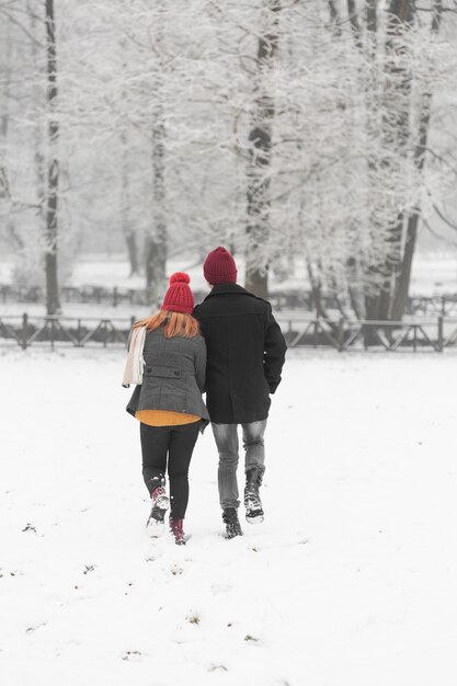 Temporada de invierno cubierto de nieve con pareja desde la espalda