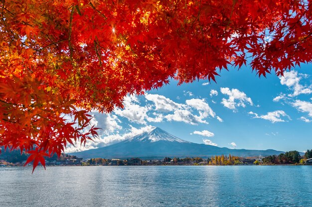 Temporada de otoño y montaña Fuji en el lago Kawaguchiko, Japón.