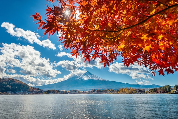 Temporada de otoño y montaña Fuji en el lago Kawaguchiko, Japón.
