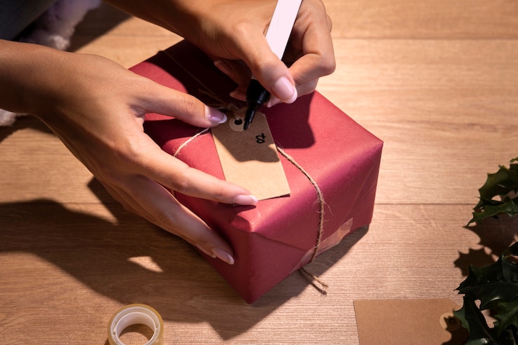 Foto gratuito terminando envolviendo regalos para navidad