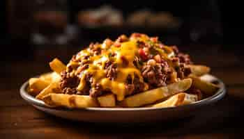 Foto gratuita ternera a la parrilla y papas fritas en un plato rústico generado por ia