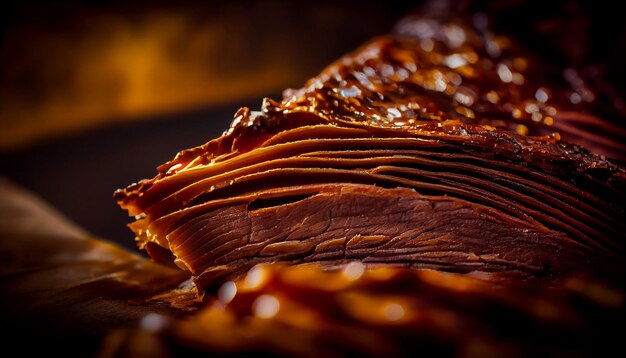 Ternera a la parrilla en plato de madera postre de chocolate generado por IA