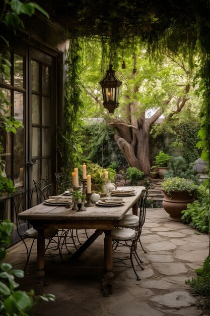 Terraza rústica con muebles de jardín y vegetación