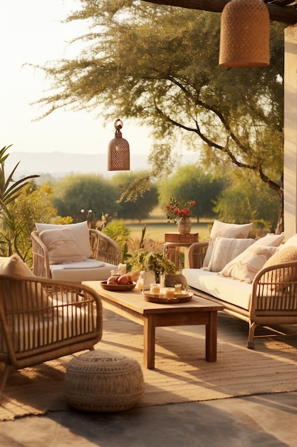 Terraza rústica con muebles de jardín y vegetación