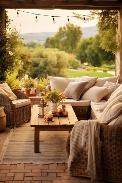 Terraza rústica con muebles de jardín y vegetación