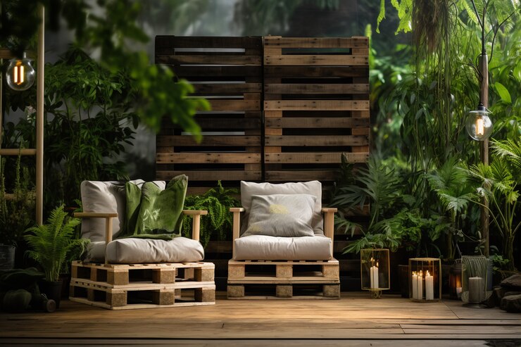 Foto gratuito terraza rústica con muebles de jardín y vegetación