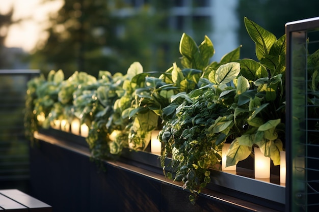 Foto gratuita terraza verde en un apartamento urbano con iluminación