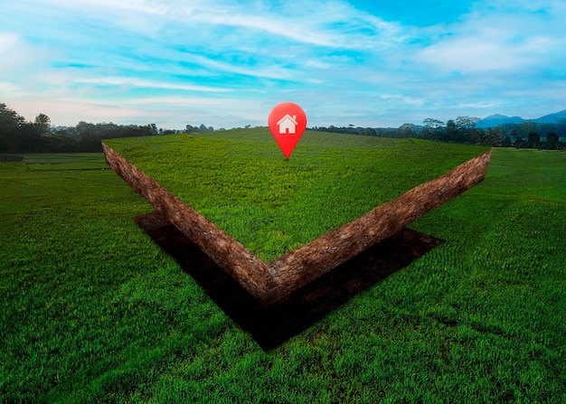 Terreno con paisaje natural y pin de ubicación.