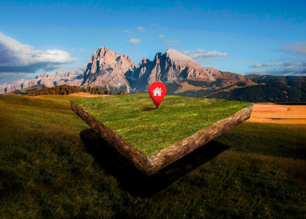 Terreno con paisaje natural y pin de ubicación.