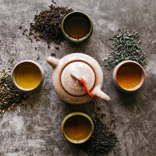 Tetera de barro cerámico con hierbas secas de té y tazas de té sobre fondo oscuro