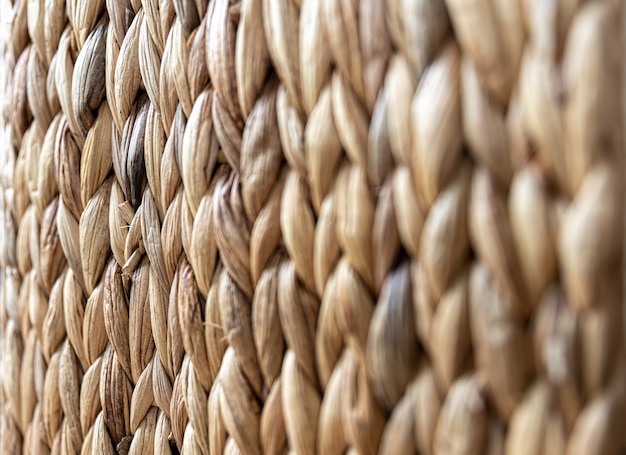 Textura de paja beige tejida, fondo de trenzas desde el primer plano del tallo de la planta.