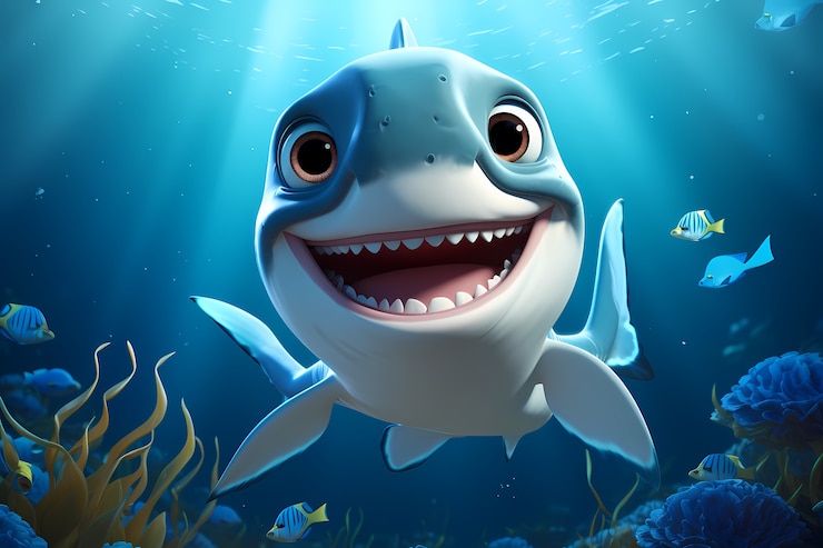 Foto gratuito tiburón de dibujos animados en 3d bajo el agua