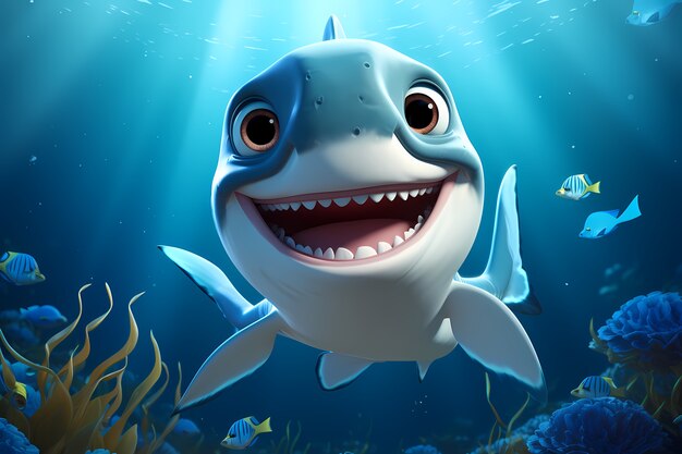 Tiburón de dibujos animados en 3D bajo el agua
