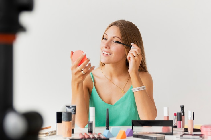Foto gratuito tiempo de filmación tutorial de belleza de alto ángulo