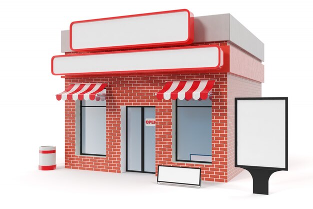 Tienda Con Copia Espacio Tablero Aislado Sobre Fondo Blanco Modernos Edificios De Tiendas Fachadas De Tiendas Mercado Exterior Fachada Exterior Del Edificio De La Tienda Representacion 3d Foto Premium