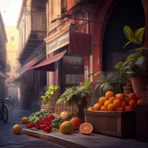 Tienda de frutas y verduras con bicicleta en la calle IA generativa