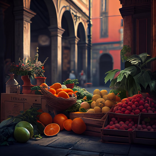 Tienda de frutas y verduras con hojas en la calle IA generativa