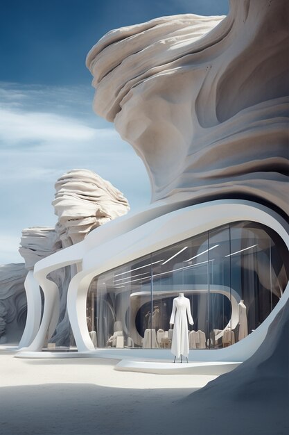 Tienda futurista con concepto y arquitectura abstractos